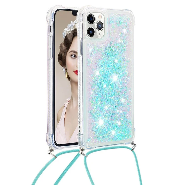 Glitter Liquid Quicksand Soft TPU Phone Case Protector with Adjustable Lanyard for iPhone 11 Pro 5.8 inch - Silver Blue Stars