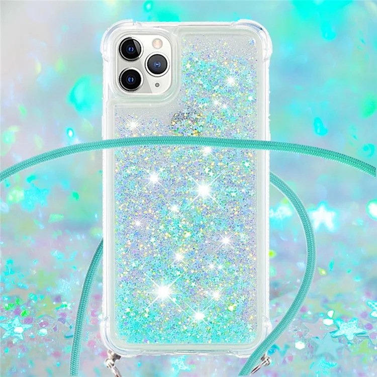 Glitter Liquid Quicksand Soft TPU Phone Case Protector with Adjustable Lanyard for iPhone 11 Pro 5.8 inch - Silver Blue Stars