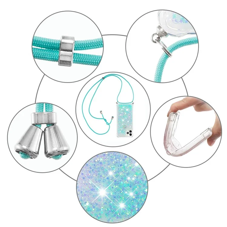 Glitter Liquid Quicksand Soft TPU Phone Case Protector with Adjustable Lanyard for iPhone 11 Pro 5.8 inch - Silver Blue Stars