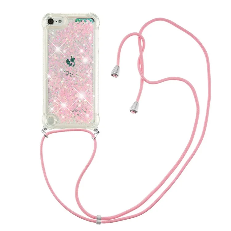 Long Lanyard Glitter Liquid Quicksand Case TPU Case Para Ipod Touch (2019)/iPod Touch 6/5 - Estrellas Rosas Plateadas