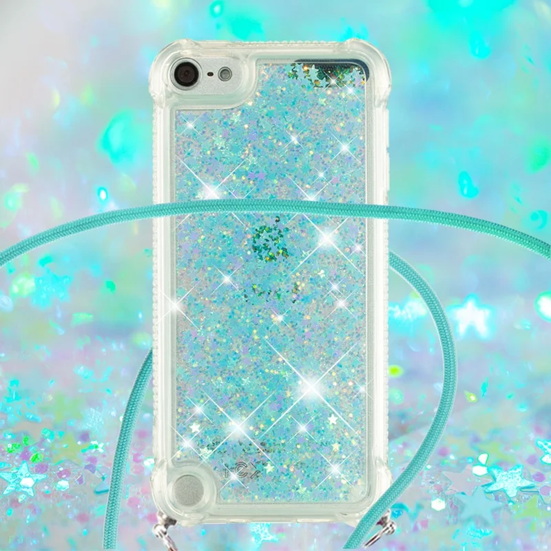 Long Lanyard Glitter Liquid Quicksand TPU Case Cover for iPod Touch (2019)/iPod Touch 6/5 - Silver Blue Stars