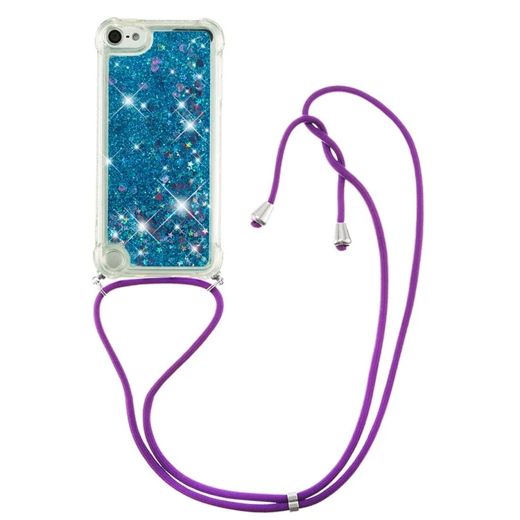 Long Lanyard Glitter Liquid Quicksand TPU Case Cover for iPod Touch (2019)/iPod Touch 6/5 - Blue Hearts