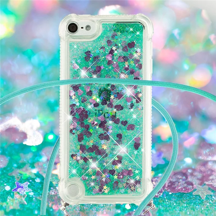 Long Lanyard Glitter Liquid Quicksand TPU Case Cover for iPod Touch (2019)/iPod Touch 6/5 - Green Hearts