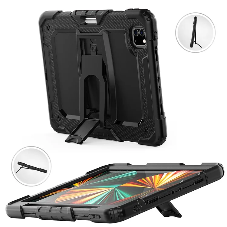 Thickened Silicone + PC Well-protected Tablet Case Kickstand Cover with Shoulder Strap for iPad Pro 11 (2022) /  (2021) / (2020) / (2018) - All Black