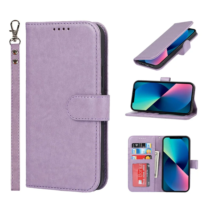Drop-Proof R61 Texture Felled Seam PU Leather Wallet Cover Horizontal Stand Shell for iPhone 13 6.1 inch - Purple