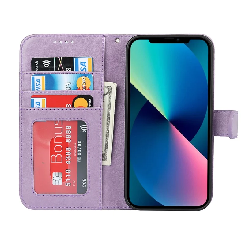 Drop-Proof R61 Texture Felled Seam PU Leather Wallet Cover Horizontal Stand Shell for iPhone 13 6.1 inch - Purple