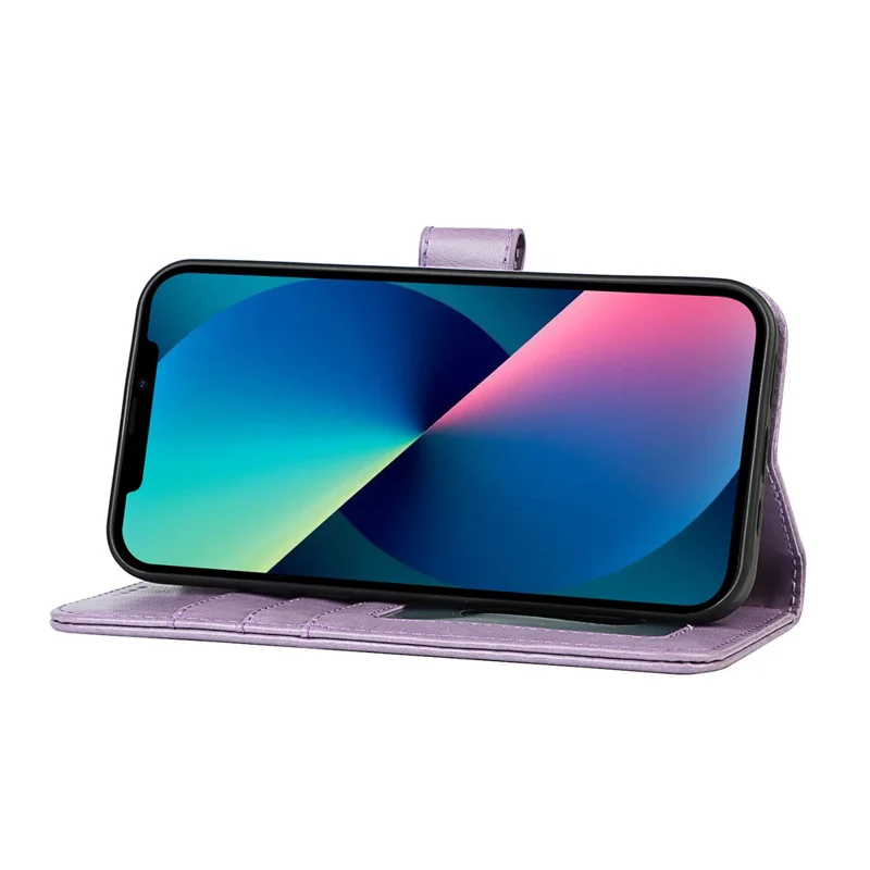 Drop-Proof R61 Texture Felled Seam PU Leather Wallet Cover Horizontal Stand Shell for iPhone 13 6.1 inch - Purple