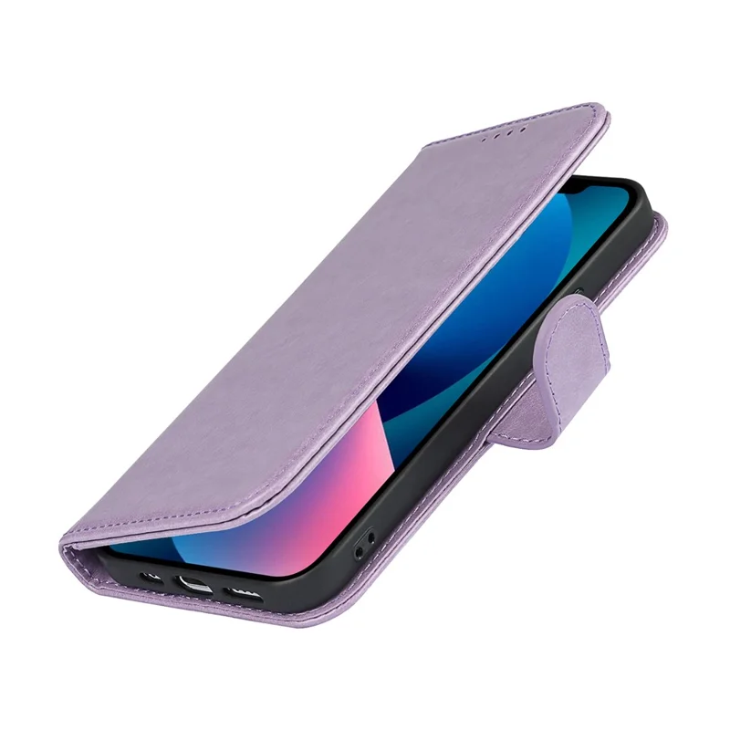 Drop-Proof R61 Texture Felled Seam PU Leather Wallet Cover Horizontal Stand Shell for iPhone 13 6.1 inch - Purple