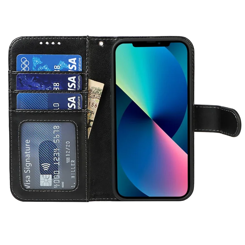 Pattern Imprinting Felled Seam Design R61 Texture PU Leather Wallet Phone Cover Shell for iPhone 13 mini 5.4 inch - Black