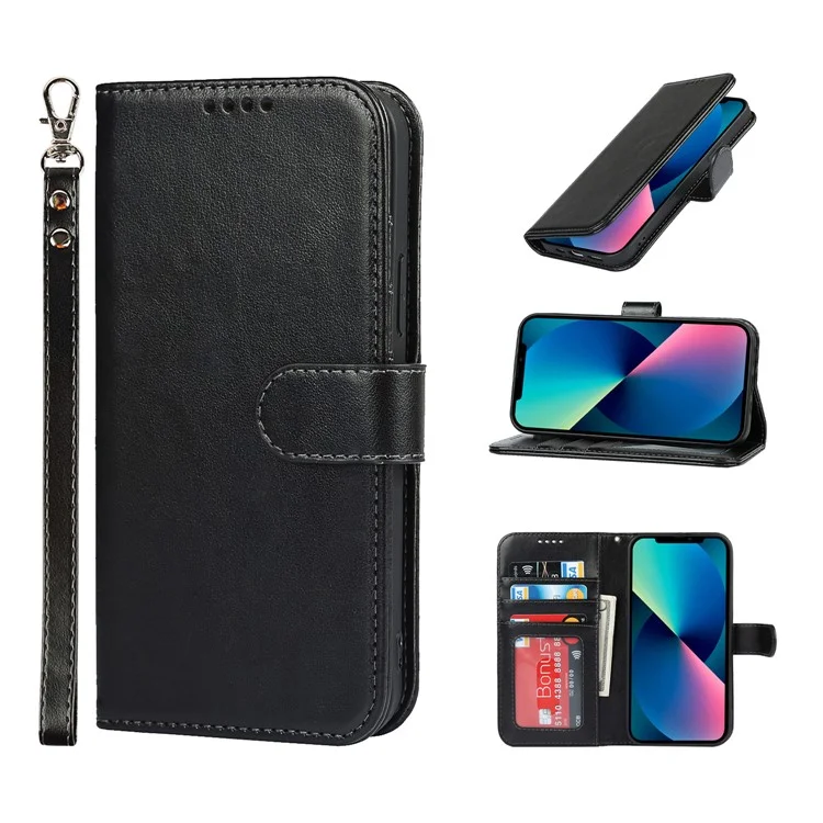 R61 Textur Gefällte Nahthörer Hülle Gut Geschützte Anti-fall-pu-leder-ständer Brieftaschenabdeckungsschale Für Iphone 13 Mini 5,4 Zoll - Schwarz