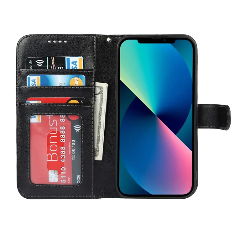 R61 Textur Gefällte Nahthörer Hülle Gut Geschützte Anti-fall-pu-leder-ständer Brieftaschenabdeckungsschale Für Iphone 13 Mini 5,4 Zoll - Schwarz