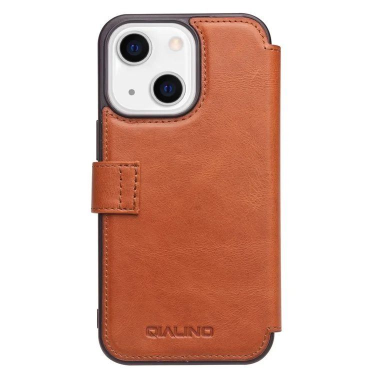 QIALINO Véritable étui en cuir de vache Portefeuille Étui de protection pour iPhone 13 mini 5.4 pouces - Marron