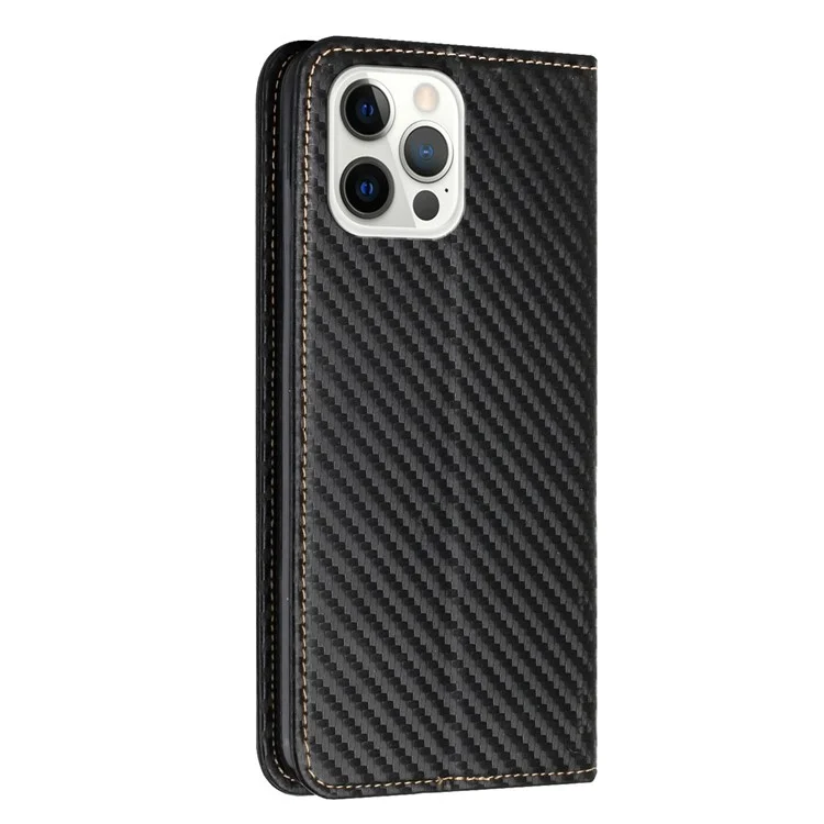 Carbon Fiber Texture Stand Function Auto Closing Magnetic Leather Case with Wallet for iPhone 12/12 Pro 6.1 inch - Black