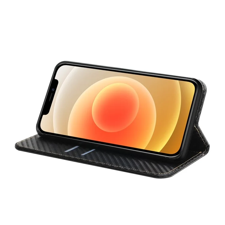 Carbon Fiber Texture Stand Function Auto Closing Magnetic Leather Case with Wallet for iPhone 12/12 Pro 6.1 inch - Black