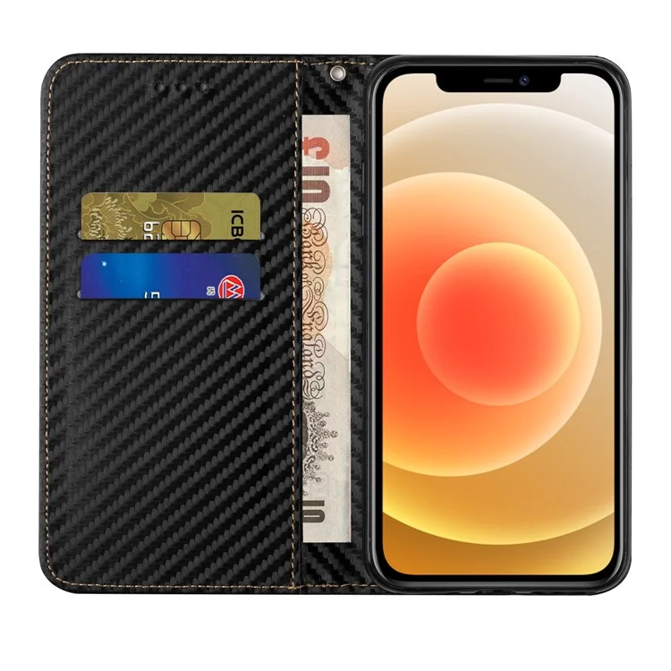 Carbon Fiber Texture Stand Function Auto Closing Magnetic Leather Case with Wallet for iPhone 12/12 Pro 6.1 inch - Black