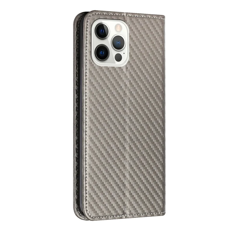 Carbon Fiber Texture Stand Function Auto Closing Magnetic Leather Case with Wallet for iPhone 12/12 Pro 6.1 inch - Grey