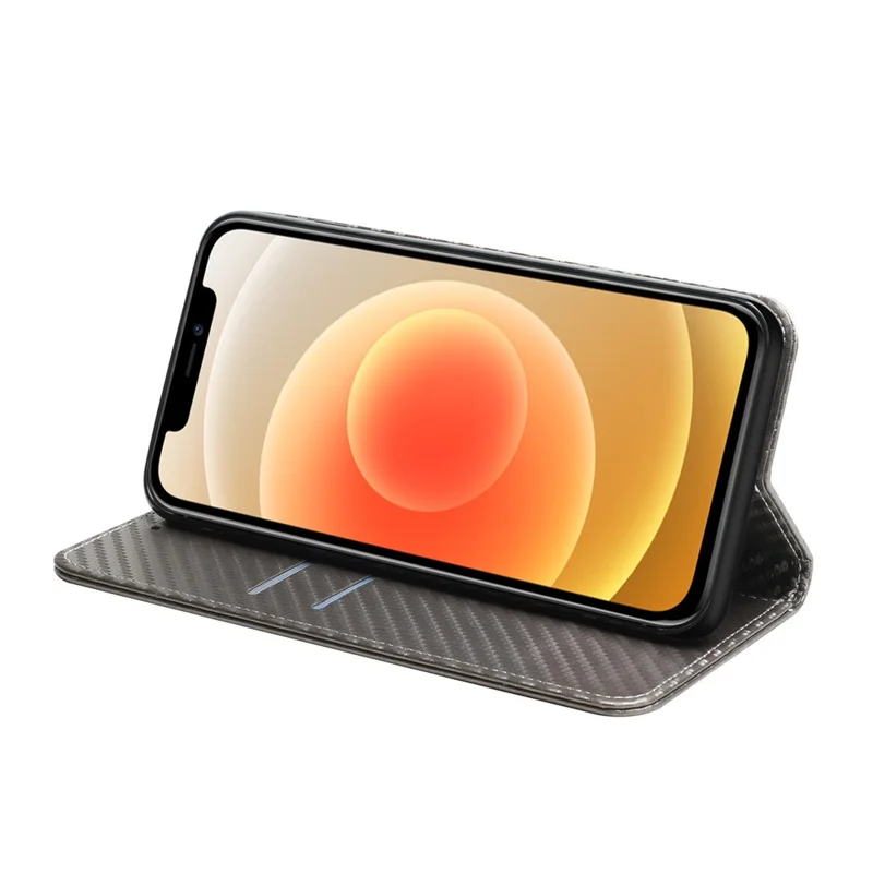 Carbon Fiber Texture Stand Function Auto Closing Magnetic Leather Case with Wallet for iPhone 12/12 Pro 6.1 inch - Grey