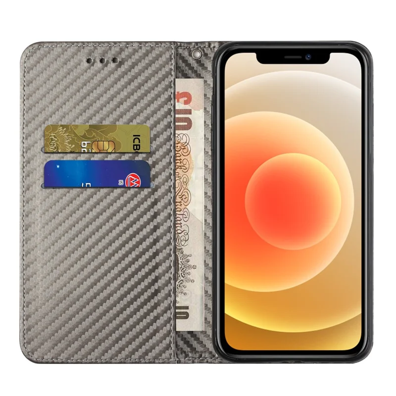 Carbon Fiber Texture Stand Function Auto Closing Magnetic Leather Case with Wallet for iPhone 12/12 Pro 6.1 inch - Grey