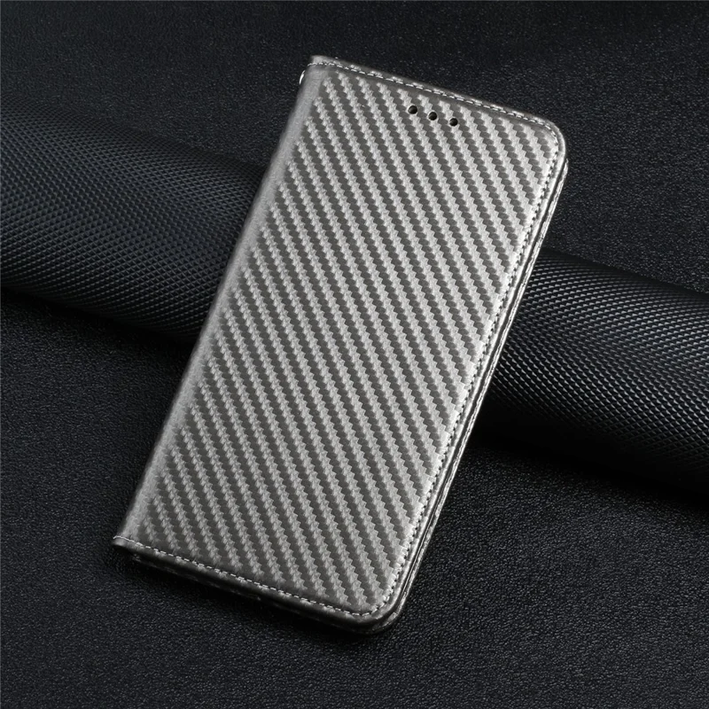 Carbon Fiber Texture Stand Function Auto Closing Magnetic Leather Case with Wallet for iPhone 12/12 Pro 6.1 inch - Grey