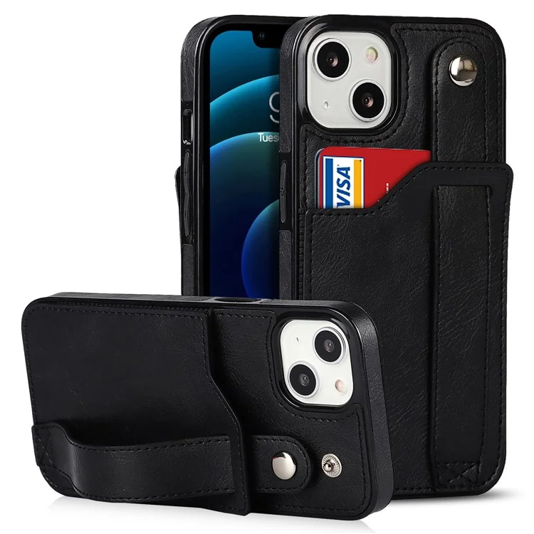Hand Strap Kickstand Card Slot Design RFID Blocking Function PU Leather Coated TPU Phone Case for iPhone 13 mini 5.4 inch - Black