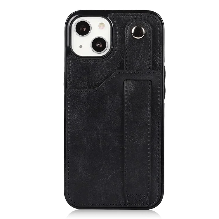 Hand Strap Kickstand Card Slot Design RFID Blocking Function PU Leather Coated TPU Phone Case for iPhone 13 mini 5.4 inch - Black