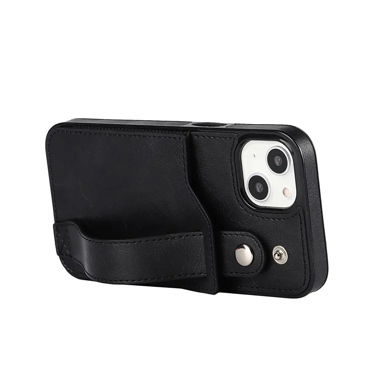 Hand Strap Kickstand Card Slot Design RFID Blocking Function PU Leather Coated TPU Phone Case for iPhone 13 mini 5.4 inch - Black