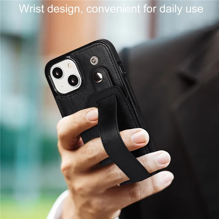 Hand Strap Kickstand Card Slot Design RFID Blocking Function PU Leather Coated TPU Phone Case for iPhone 13 mini 5.4 inch - Black