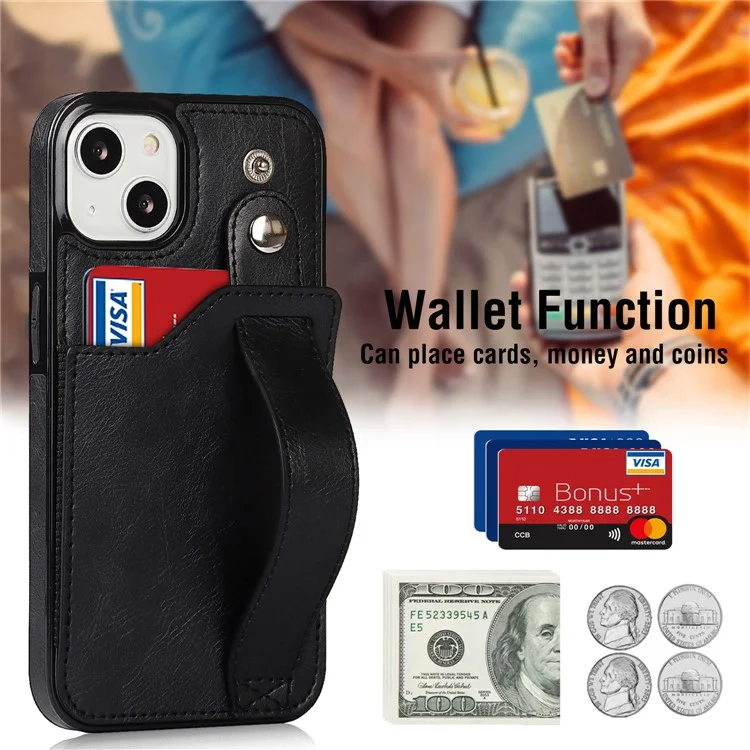 Hand Strap Kickstand Card Slot Design RFID Blocking Function PU Leather Coated TPU Phone Case for iPhone 13 mini 5.4 inch - Black