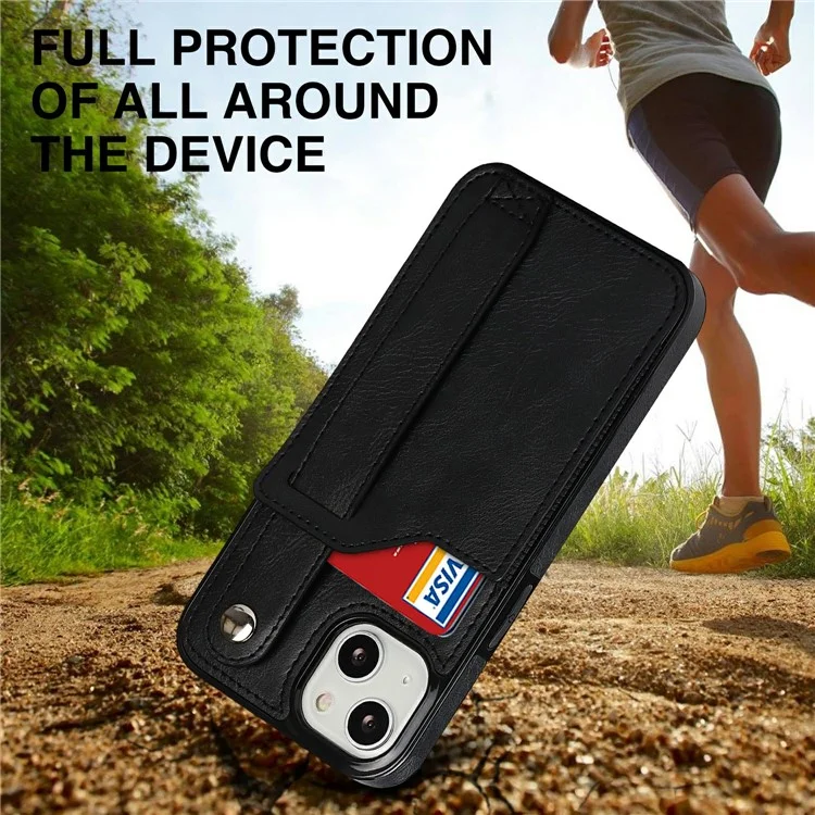 Hand Strap Kickstand Card Slot Design RFID Blocking Function PU Leather Coated TPU Phone Case for iPhone 13 mini 5.4 inch - Black