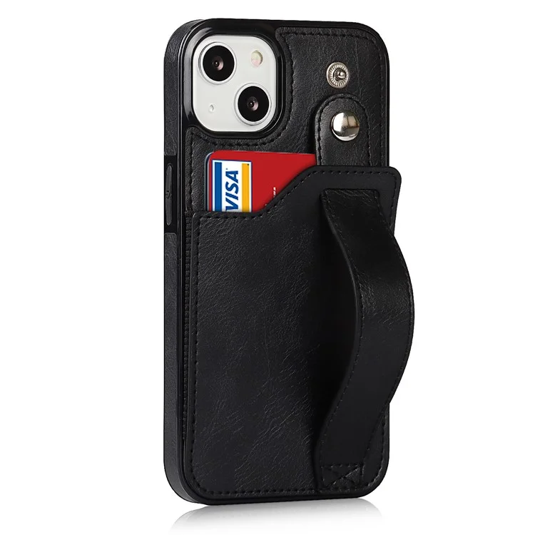 Pour iPhone 13 / 14 RFID Blocking Hand Strap Kickstand Étui en cuir PU enduit de TPU avec emplacement pour carte - Noir