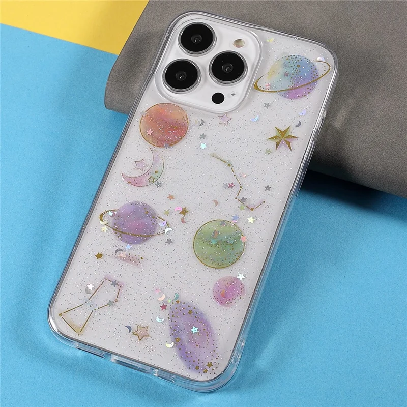 Stylish Star Planet Printing Stickers Design Anti-Scratch Epoxy Soft TPU Case for iPhone 13 Pro 6.1 inch - Transparent