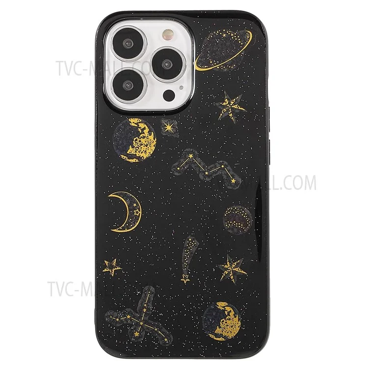 Anti-drop Fashionable Star Planet Printing Stickers Design Epoxy Soft TPU Case for iPhone 13 Pro Max 6.7 inch - Black