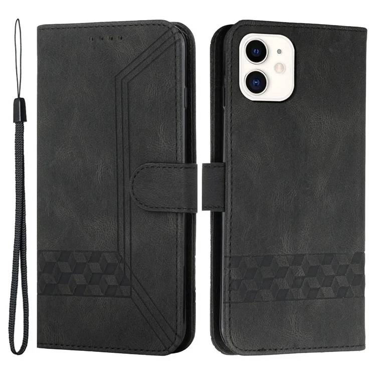 YX0010 Imprinting Rhombus Lines All-inclusive Protection Stand Leather Phone Case Wallet Cover for iPhone 12 mini 5.4 inch - Black