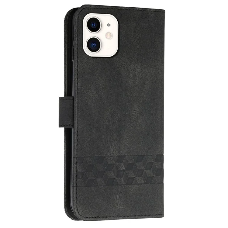 YX0010 Imprinting Rhombus Lines All-inclusive Protection Stand Leather Phone Case Wallet Cover for iPhone 12 mini 5.4 inch - Black