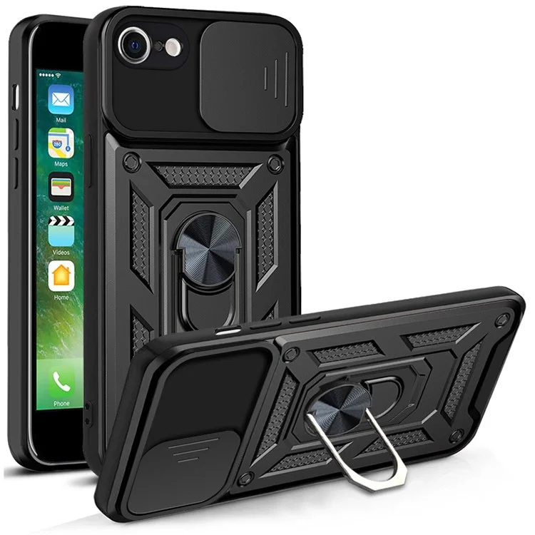 Cubierta deslizante de cámara Anillo Soporte Diseño Pata Cubierta de teléfono a prueba de golpes de PC + TPU para iPhone SE (2022)/SE (2020)/8/7 - Negro
