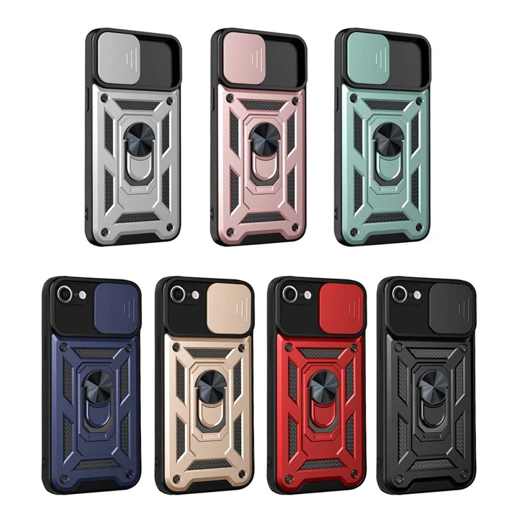 Cubierta deslizante de cámara Anillo Soporte Diseño Pata Cubierta de teléfono a prueba de golpes de PC + TPU para iPhone SE (2022)/SE (2020)/8/7 - Negro