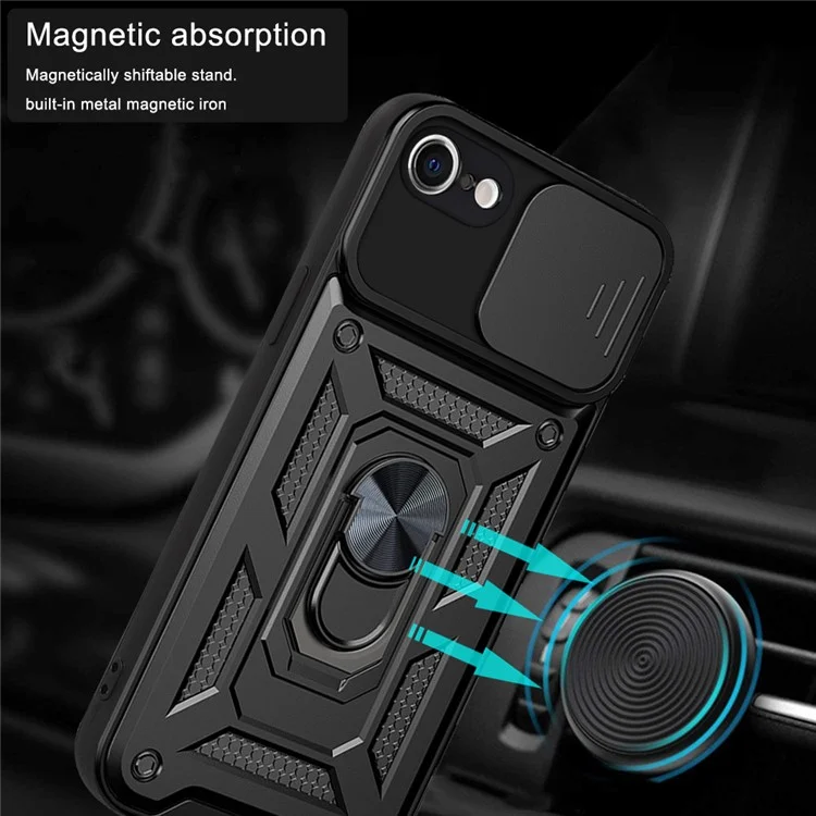 Camera Slide Cover Ring Holder Design PC + TPU Propina de la Cubierta de Teléfono a Prueba de Caída Para Iphone SE (2022)/SE (2020)/8/7 - Negro