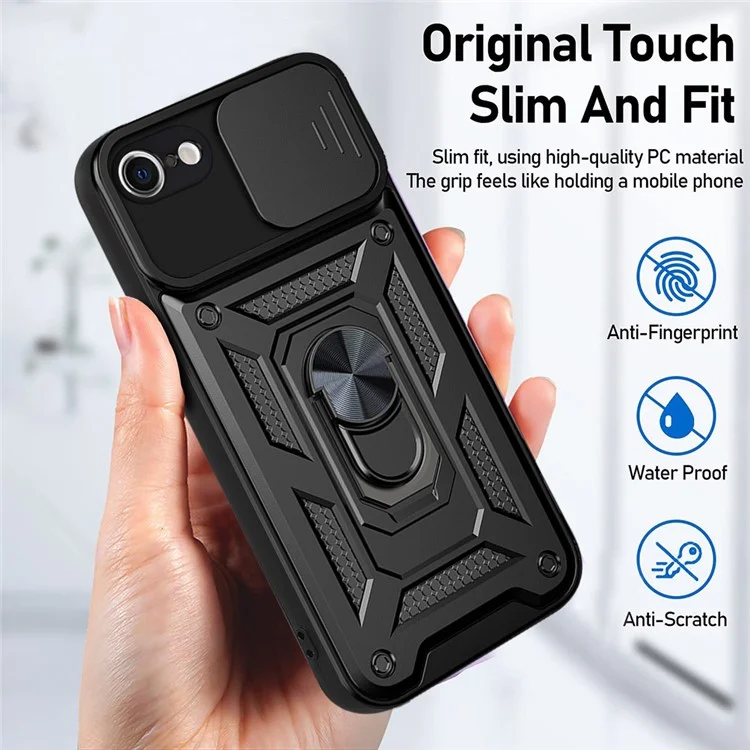 Camera Slide Cover Ring Holder Design PC + TPU Propina de la Cubierta de Teléfono a Prueba de Caída Para Iphone SE (2022)/SE (2020)/8/7 - Negro