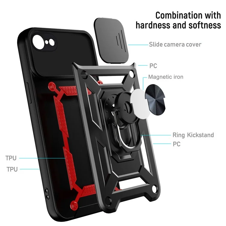 Camera Slide Cover Ring Holder Design PC + TPU Propina de la Cubierta de Teléfono a Prueba de Caída Para Iphone SE (2022)/SE (2020)/8/7 - Negro