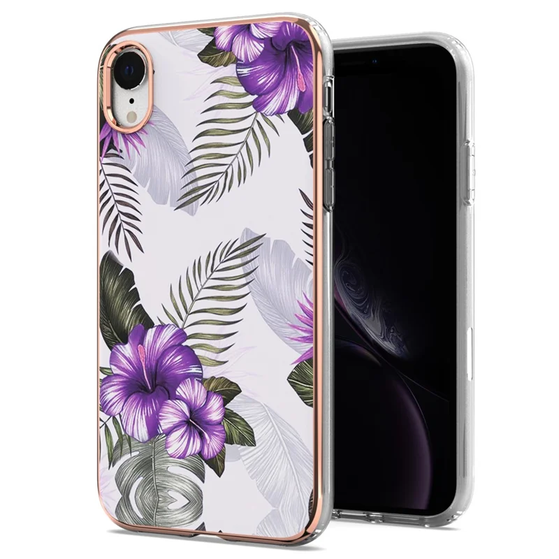 For iPhone XR 6.1 inch Scratch-resistant Anti-fall Marble Design Electroplating IMD IML Soft TPU Phone Case - Purple Flowers