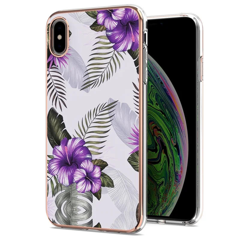 For iPhone X/XS 5.8 inch Smooth Touch Marble Design Electroplating IMD IML Soft TPU Protective Case - Purple Flowers