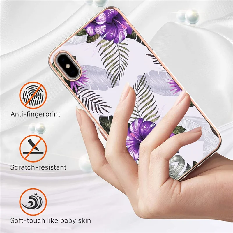 For iPhone X/XS 5.8 inch Smooth Touch Marble Design Electroplating IMD IML Soft TPU Protective Case - Purple Flowers