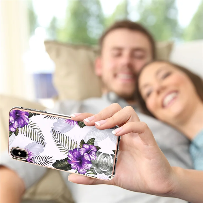 For iPhone X/XS 5.8 inch Smooth Touch Marble Design Electroplating IMD IML Soft TPU Protective Case - Purple Flowers