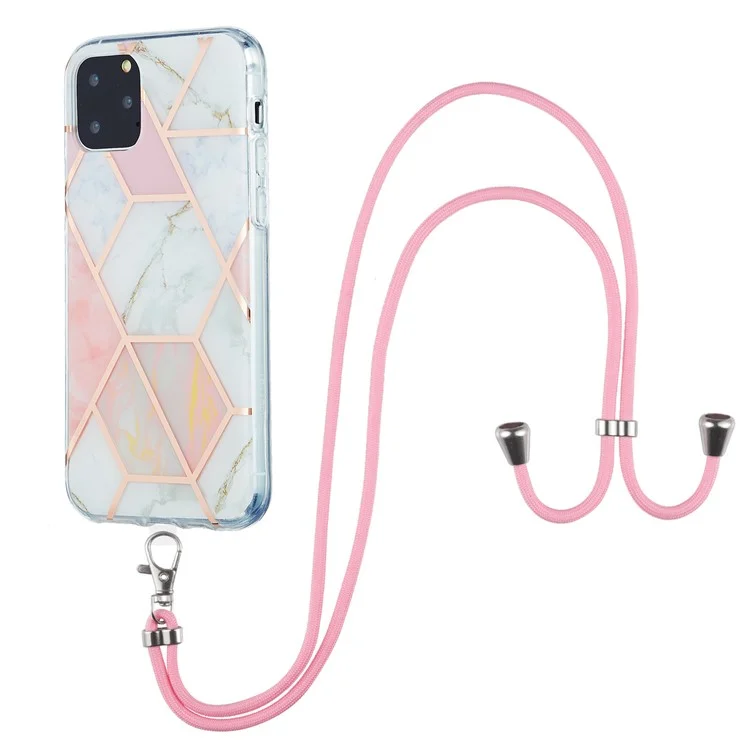 Funda de teléfono de TPU de 2,0 mm con resistencia a los arañazos, patrón de mármol con electrochapado IMD y cordón para iPhone 11 Pro de 5,8 pulgadas - Rosa/Blanco