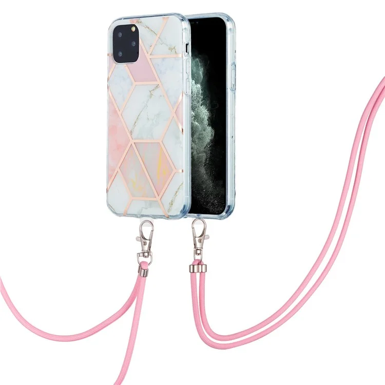 Funda de teléfono de TPU de 2,0 mm con resistencia a los arañazos, patrón de mármol con electrochapado IMD y cordón para iPhone 11 Pro de 5,8 pulgadas - Rosa/Blanco