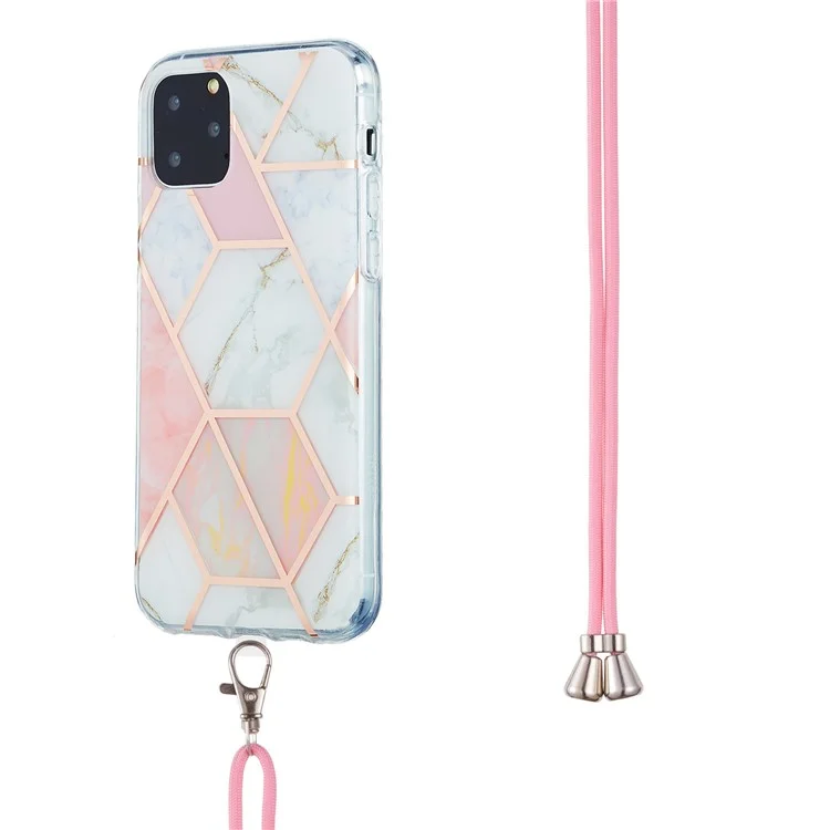 Funda de teléfono de TPU de 2,0 mm con resistencia a los arañazos, patrón de mármol con electrochapado IMD y cordón para iPhone 11 Pro de 5,8 pulgadas - Rosa/Blanco
