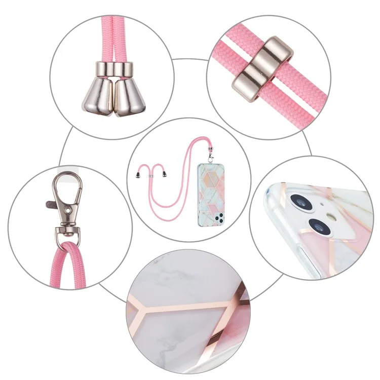 Funda de teléfono de TPU de 2,0 mm con resistencia a los arañazos, patrón de mármol con electrochapado IMD y cordón para iPhone 11 Pro de 5,8 pulgadas - Rosa/Blanco
