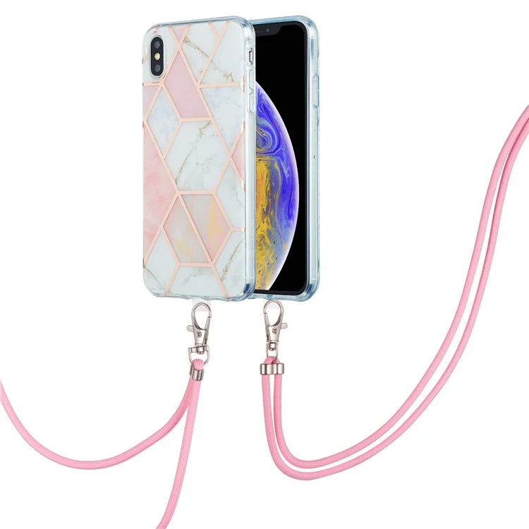 Flexible Elektroplierende Tpu-telefonabdeckung + Lanyard 2,0 mm IMD Spleißen Marmormuster Nicht Ausgeläbter Hülle Für Iphone xs Max 6,5 Zoll - Rosa/weiß