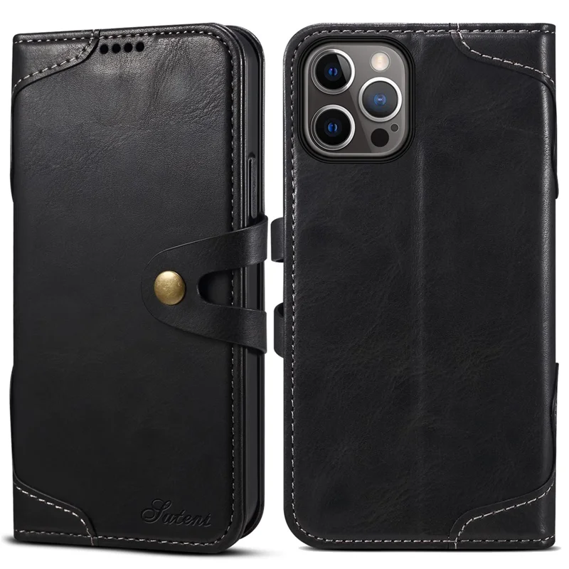 SUTENI 234 Series Business Style Soft TPU+PU Leather Wallet Button Closure Phone Shell with Stand Flip Phone Cover for iPhone 12/12 Pro 6.1 inch - Black