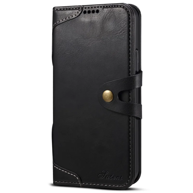 SUTENI 234 Series Business Style Soft TPU+PU Leather Wallet Button Closure Phone Shell with Stand Flip Phone Cover for iPhone 12/12 Pro 6.1 inch - Black